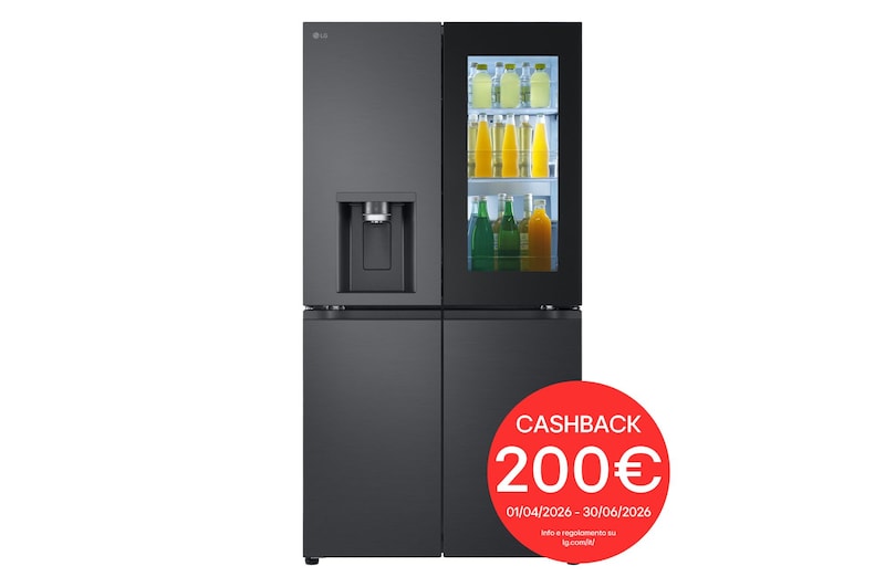 Vista frontale di Frigorifero Multidoor InstaView | Classe E, 638L | Wi-Fi, Dispenser UVnano con allaccio, Metal Fresh, No frost | Nero GMG960EVJE
